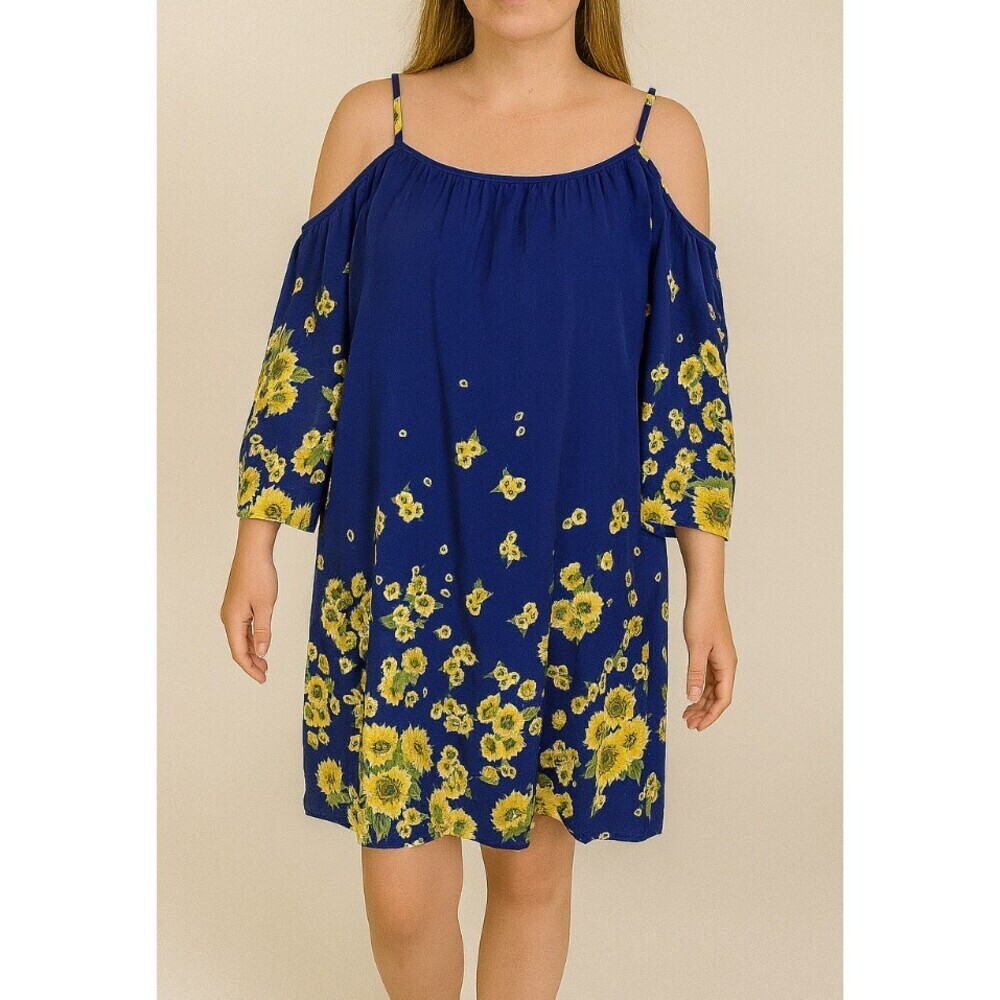 En Creme sunflower dress cold shoulder blue and flower print boxy flowy SZ M